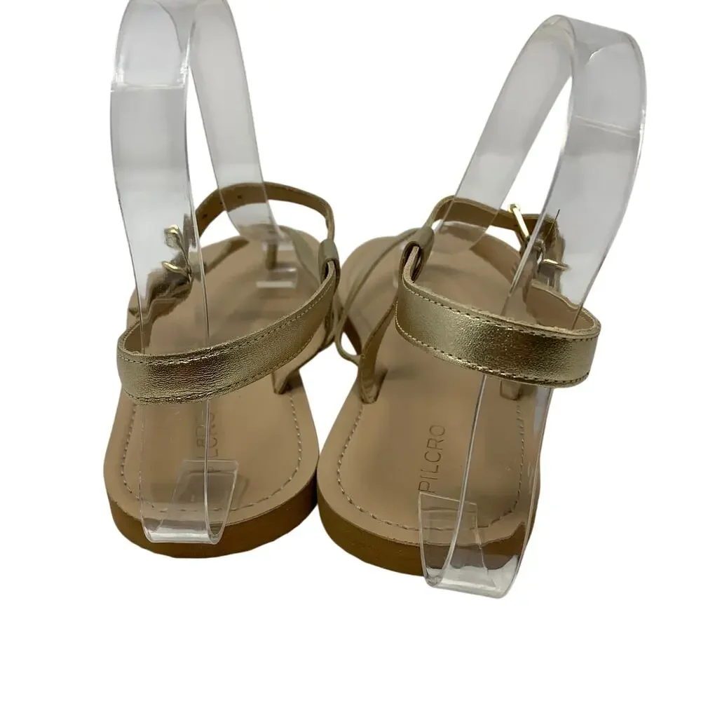 Anthropologie Pilcro Ankle Strap Thong Sandals Womens Size 37 US 7 Gold Metallic